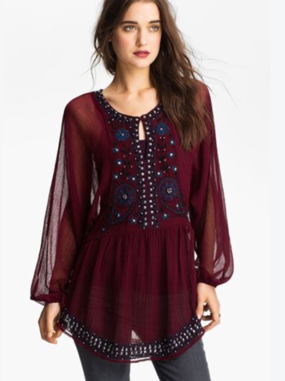 Free People Sheer Embroidered Peasant Tunic Top - Wine. Size Medium